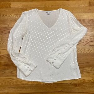 Express Polka Dot V Neck Blouse Womens XS White Button Cuff Ethereal Romantic